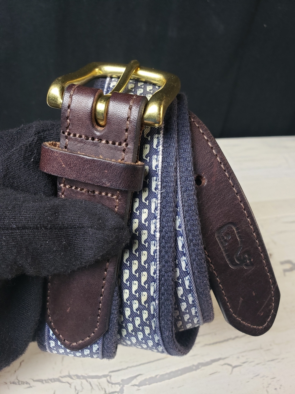 Vineyard Vines Navy Whale-Print Webbing Belt with Brown Leather - Picture 10 of 16